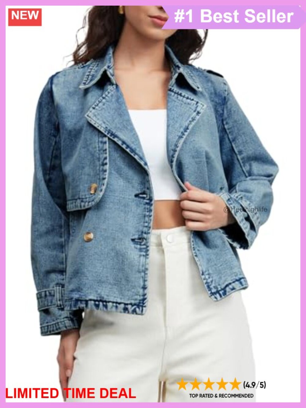 Oversized Double Breasted Denim Trench Coat with Pockets Long Sleeve